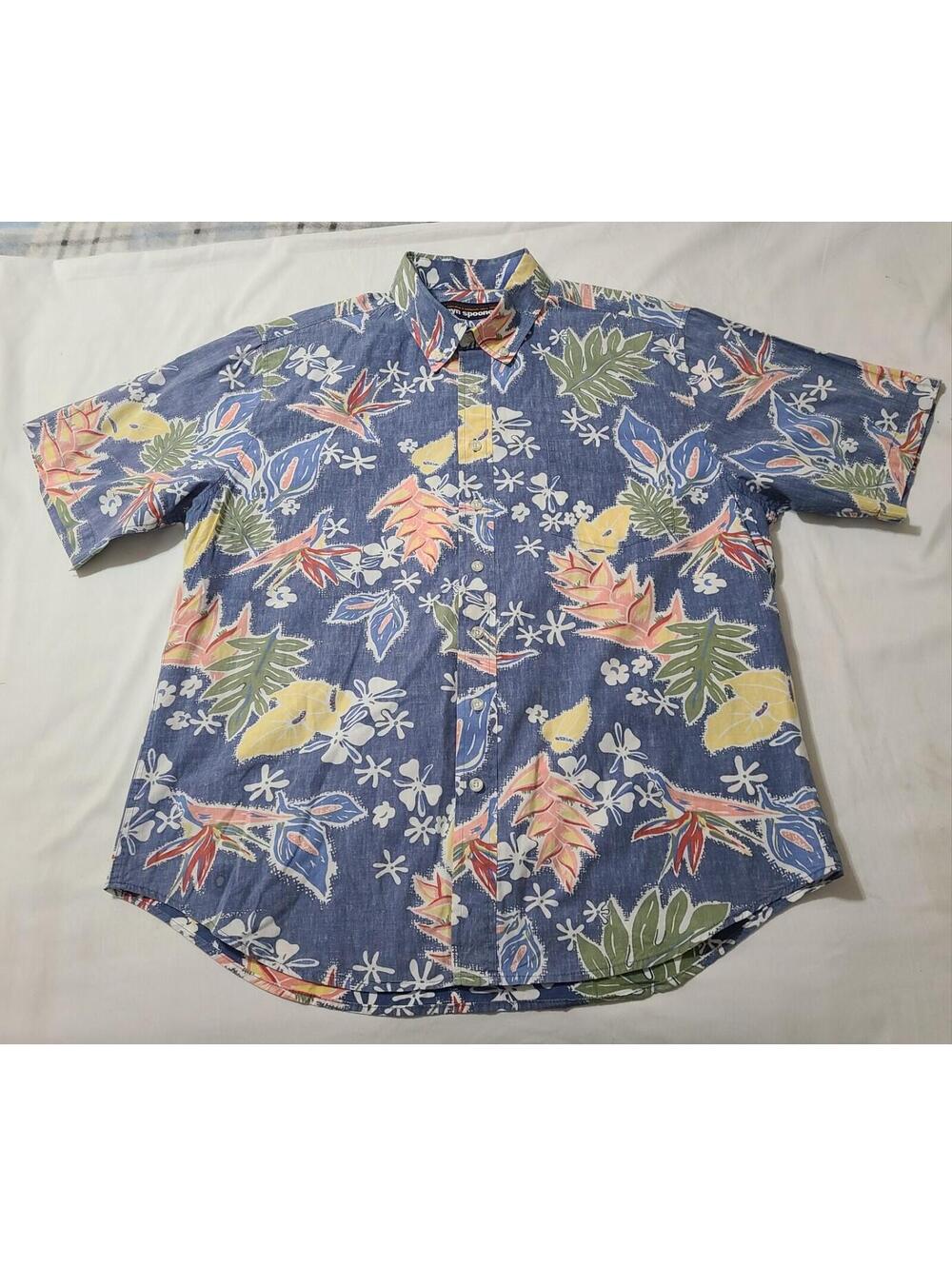 Reyn Spooner Hawaiian Shirt Mens Size XL Blue Floral Reverse Print Cotton Aloha